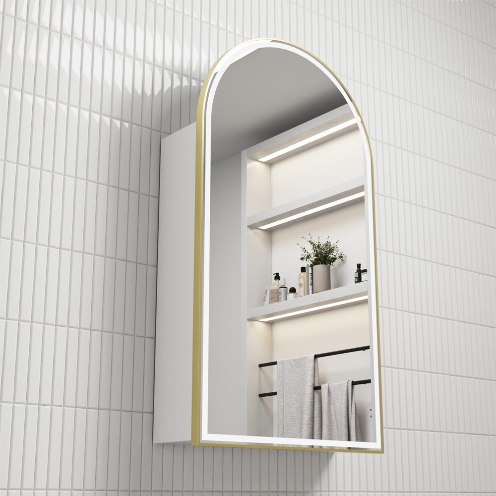 Aulic Canterbury Arch LED Matte White Shaving Cabinet With Brushed Gold Frame 500 x 900mm LSCCAN-500-MW-BG Brushed Gold