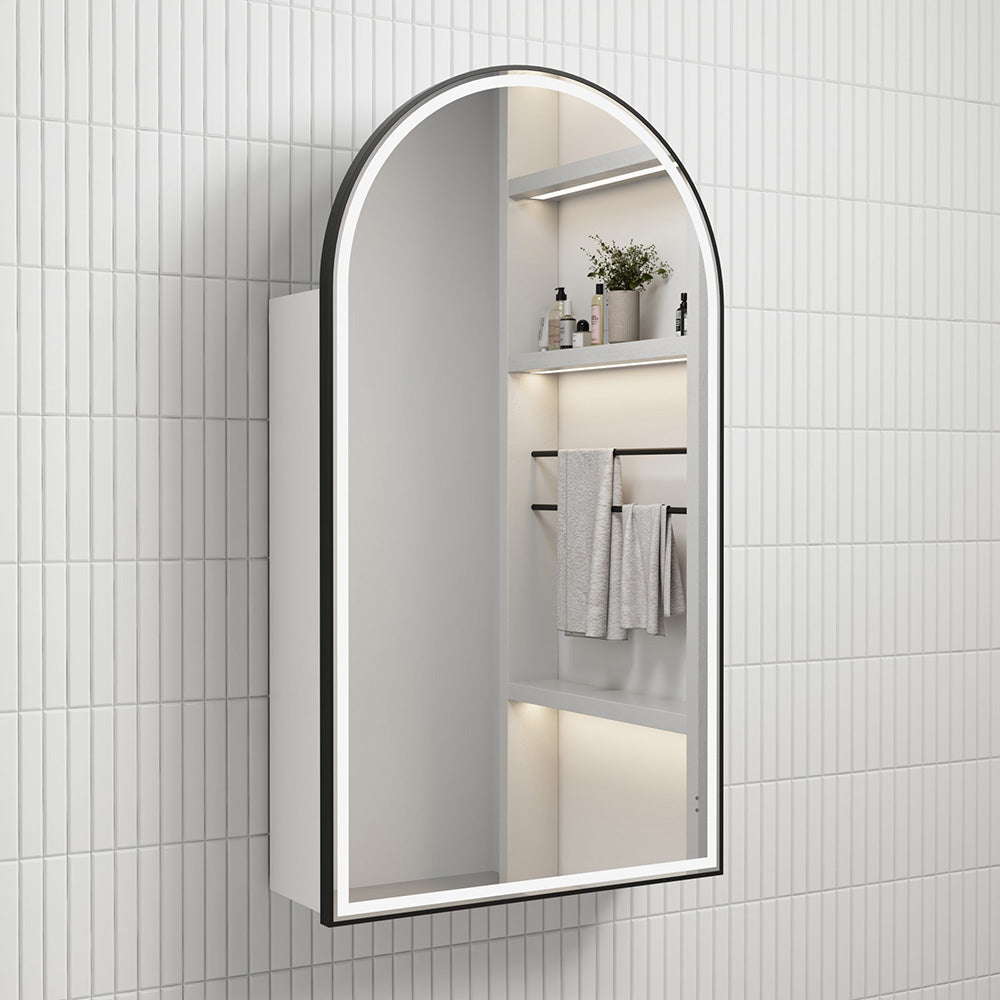 Aulic Canterbury Arch LED Matte White Shaving Cabinet With Matte Black Frame 500 x 900mm LSCCAN-500-MW-MB Matte Black