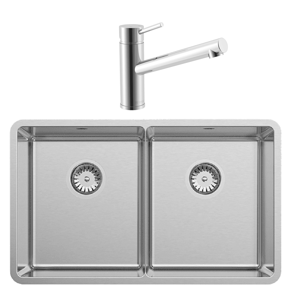 Abey Lucia Double Bowl Sink, 724x440mm, Topmount/Undermount, (Inc. Kitchen Mixer, Tray & Chopping Board), Stainless Steel, LUA200T