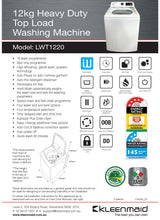 Kleenmaid LWT1220 12kg Heavy Duty Top Load Washing Machine