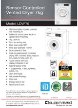 Kleemaid LDVF70 7kg Sensor Controlled Vented Dryer