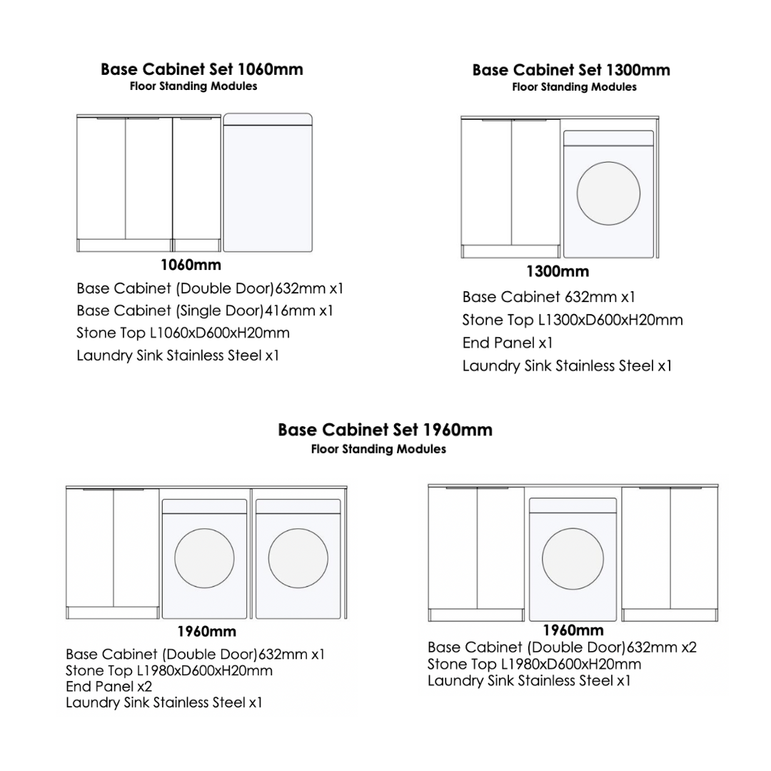 Otti Marlo LA-1300-MA 1300 × 600 × 900mm Base Laundry Cabinet with Stone Top & Sink, Black