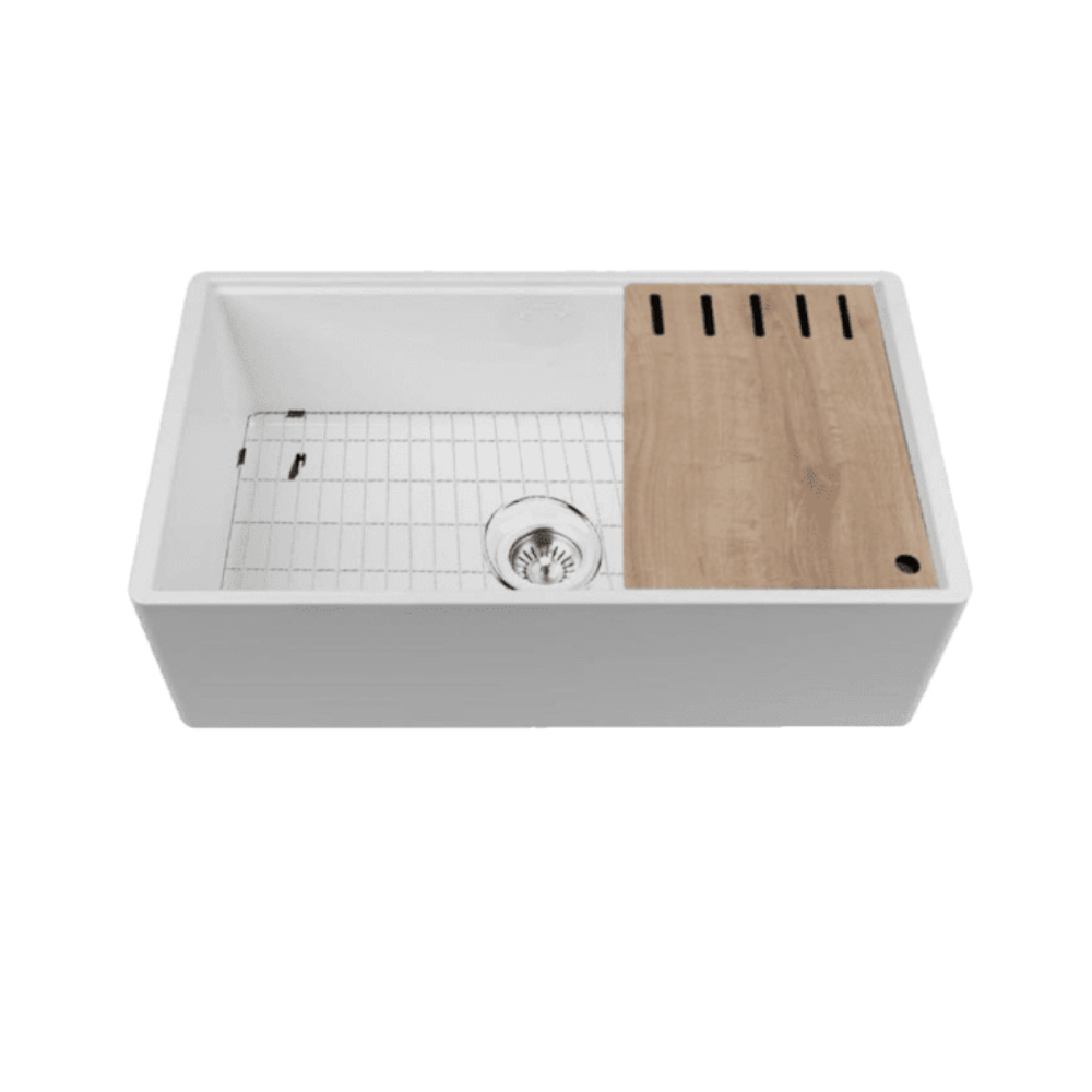 Abey Chambord Legrande Double Bowl Reversible Fireclay Sink, 762x460x258mm + Accessories, White, LEGRANDE-1W