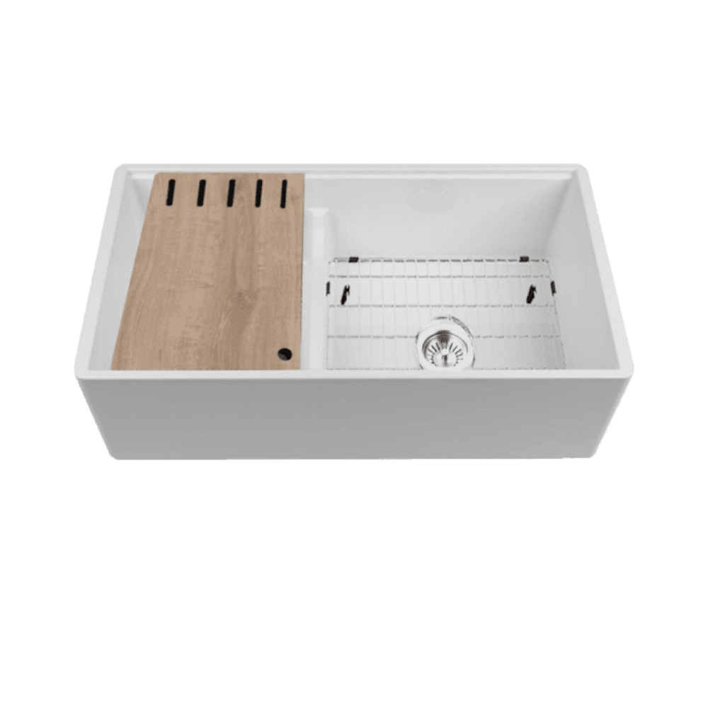 Abey Chambord Legrande Double Bowl Reversible Fireclay Sink, 838x460x258mm + Accessories, White, LEGRANDE-2W