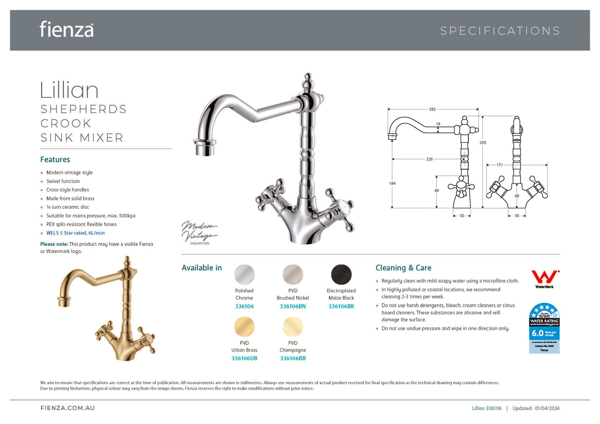 Fienza 336106 Lillian Shepherds Crook Sink Mixer, Chrome