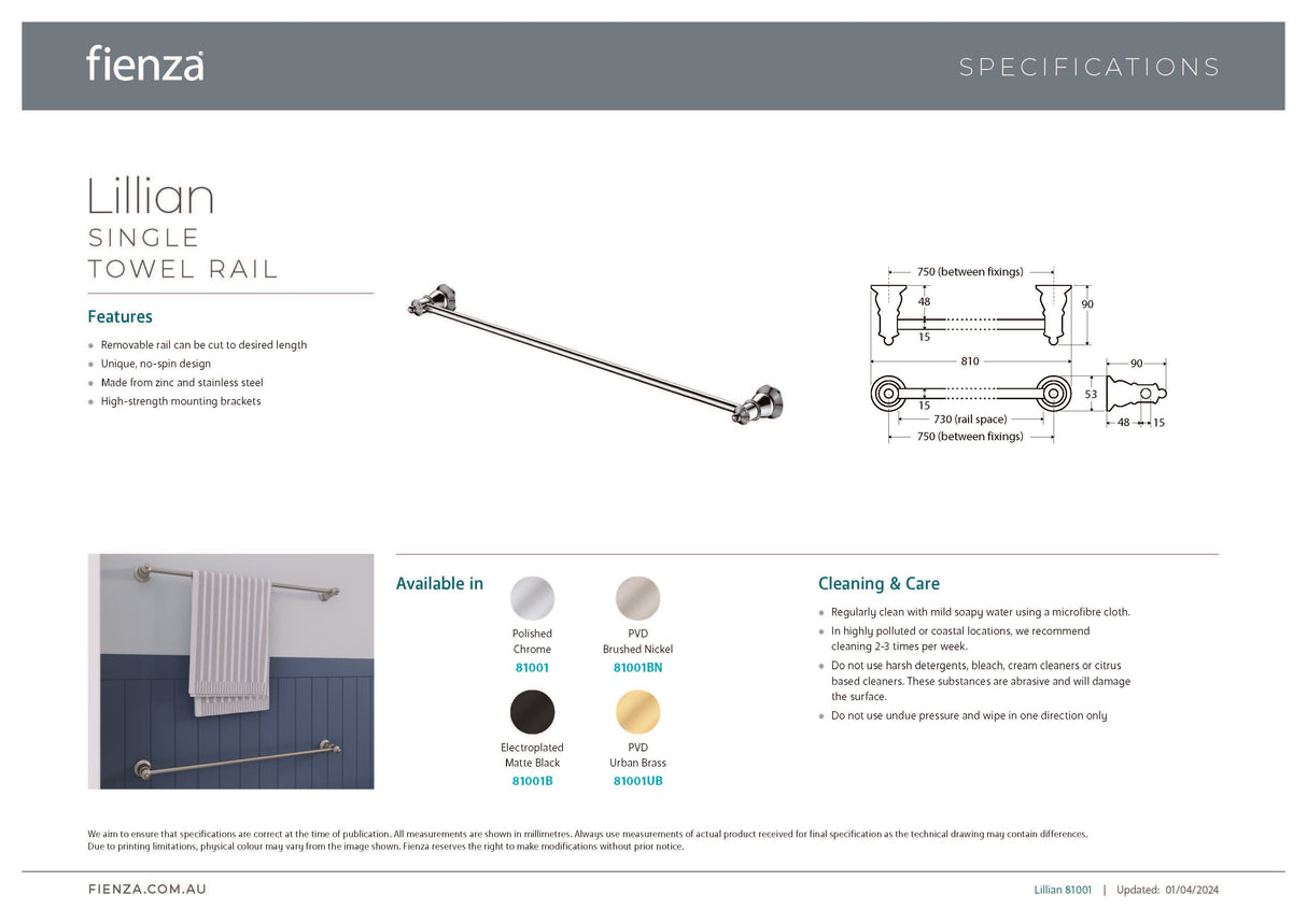 Fienza 81001BN Adjustable Lillian Single Towel Rail, Brushed Nickel