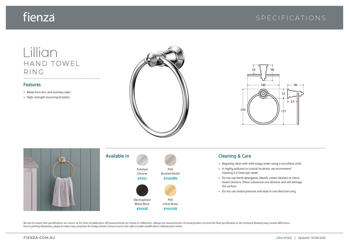 Fienza 81002 Lillian Towel Ring, Chrome