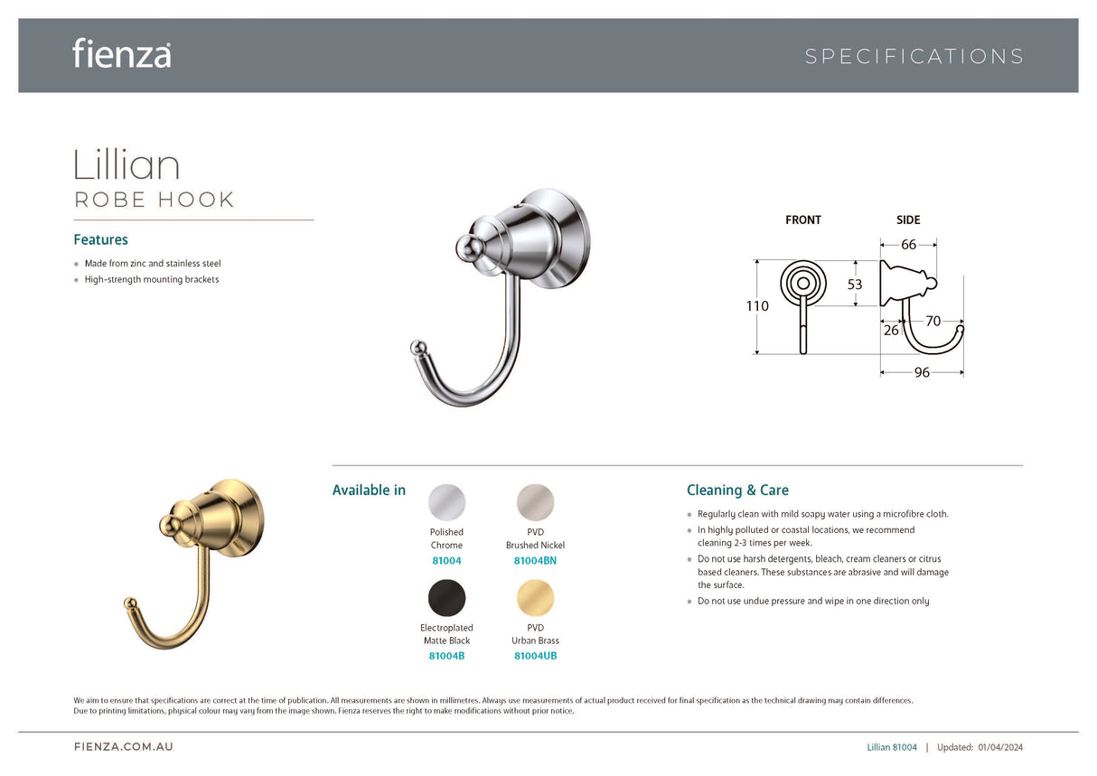 Fienza 81004 Lillian Robe Hook, Chrome