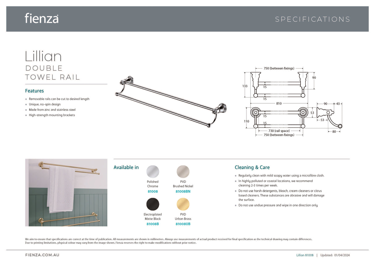 Fienza 81008BN Lillian Adjustable Double Towel Rail, Brushed Nickel