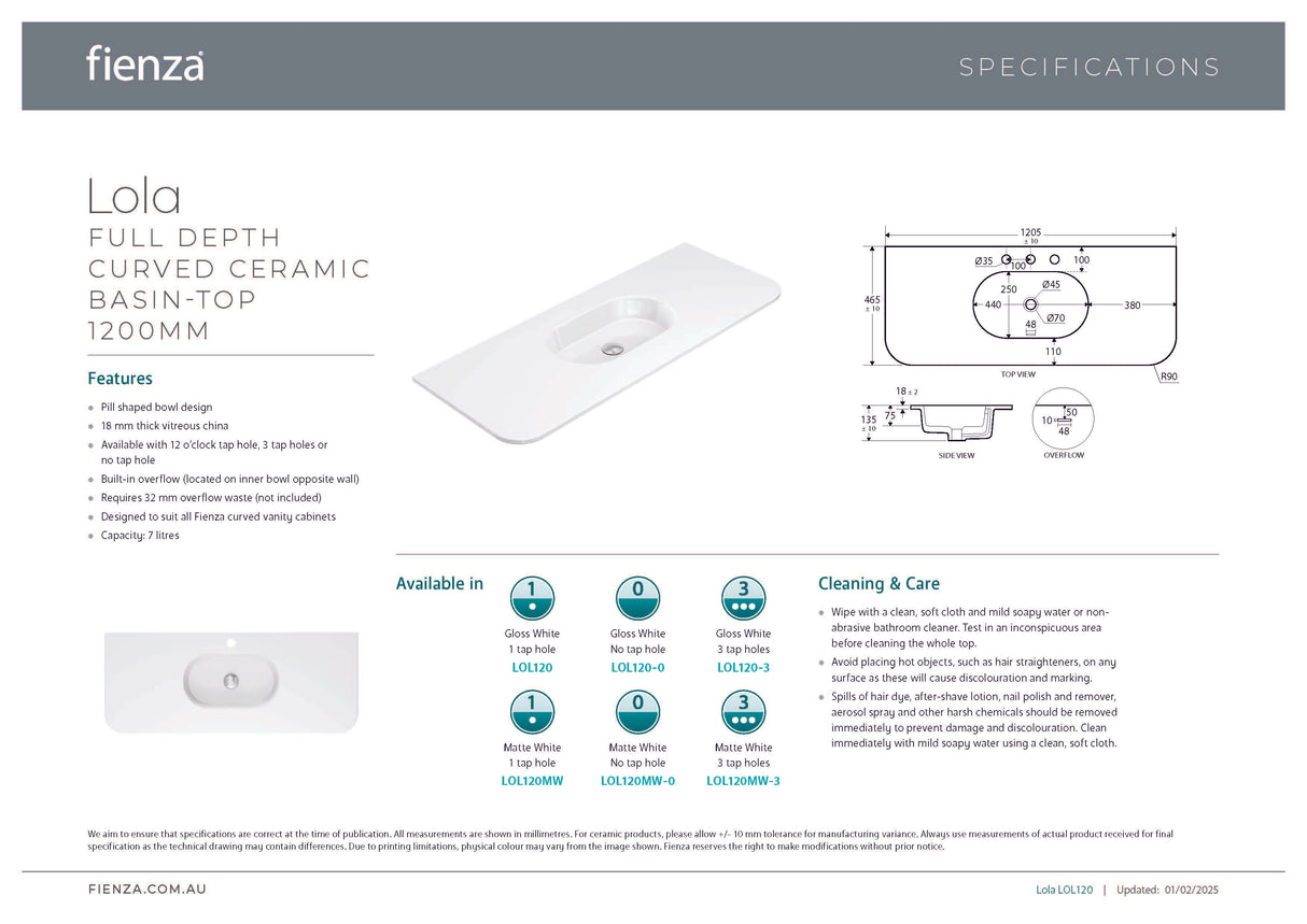 Fienza LOL120US Lola 1200 Matte Minka Curved Scandi Oak Wall-Hung Vanity, One Tap Hole