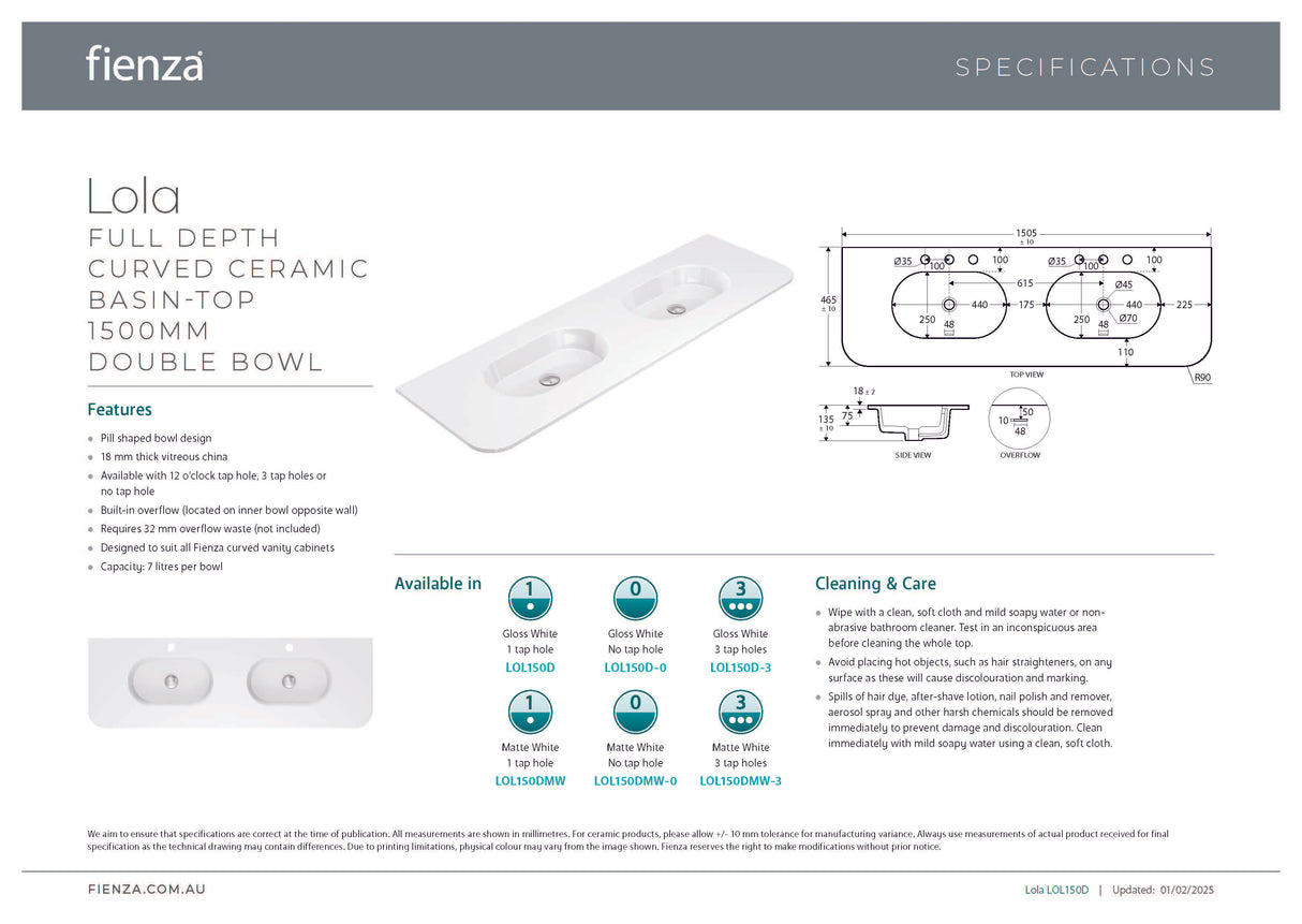 Fienza LOL150USD Lola 1500 Matte Minka Curved Scandi Oak Wall-Hung Vanity, One Tap Hole