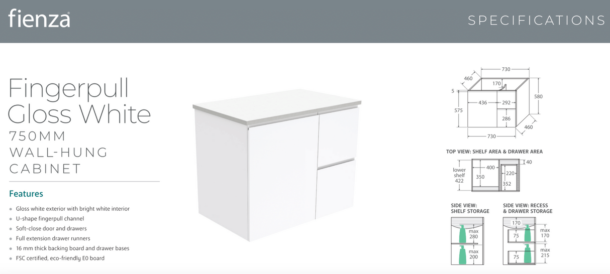 Fienza MON75FR Montana Fingerpull 750 Gloss Wall Hung White Vanity, Left Drawers