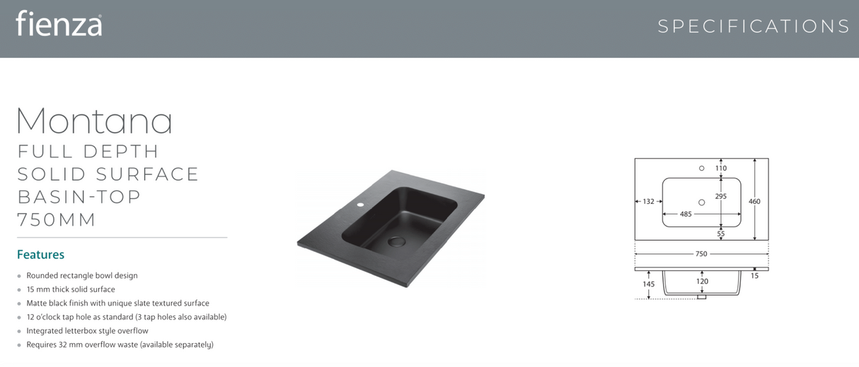 Fienza MON75ZL Montana Fingerpull 750 Satin Black Wall Hung Vanity, Left Drawers