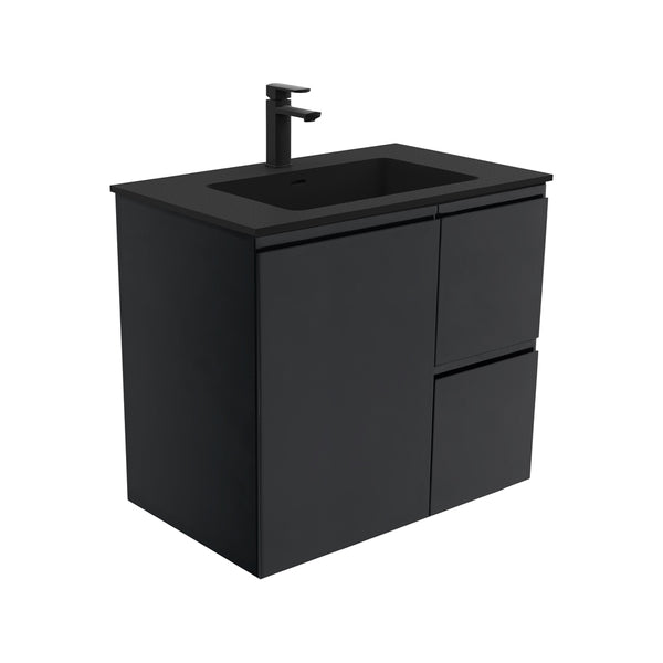 Fienza MON75ZR Montana Fingerpull 750 Satin Black Wall Hung Vanity, Right Drawers