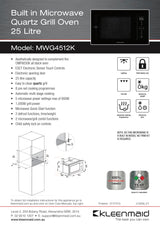 Kleenmaid MWG4512K 25 Litre Built-in Microwave Quartz Grill Oven