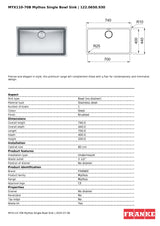 Franke Mythos Single Bowl 700mm Undermount Stainless Steel, MYX110-70B