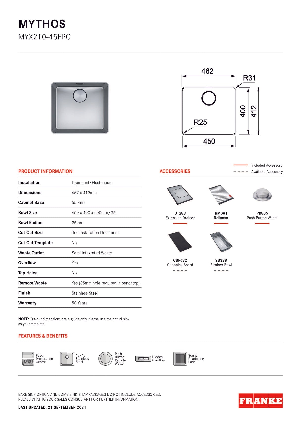 Franke Mythos Single Bowl 450mm Top Mount Stainless Steel with Accessories, MYX210-45FPC