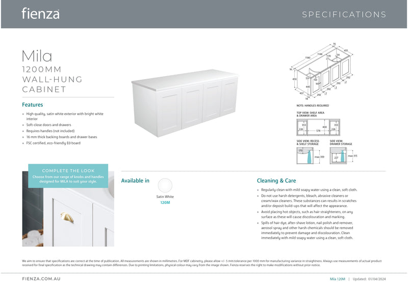 Fienza 120M Mila 1200mm Wall-Hung, Cabinet Only - Special Order