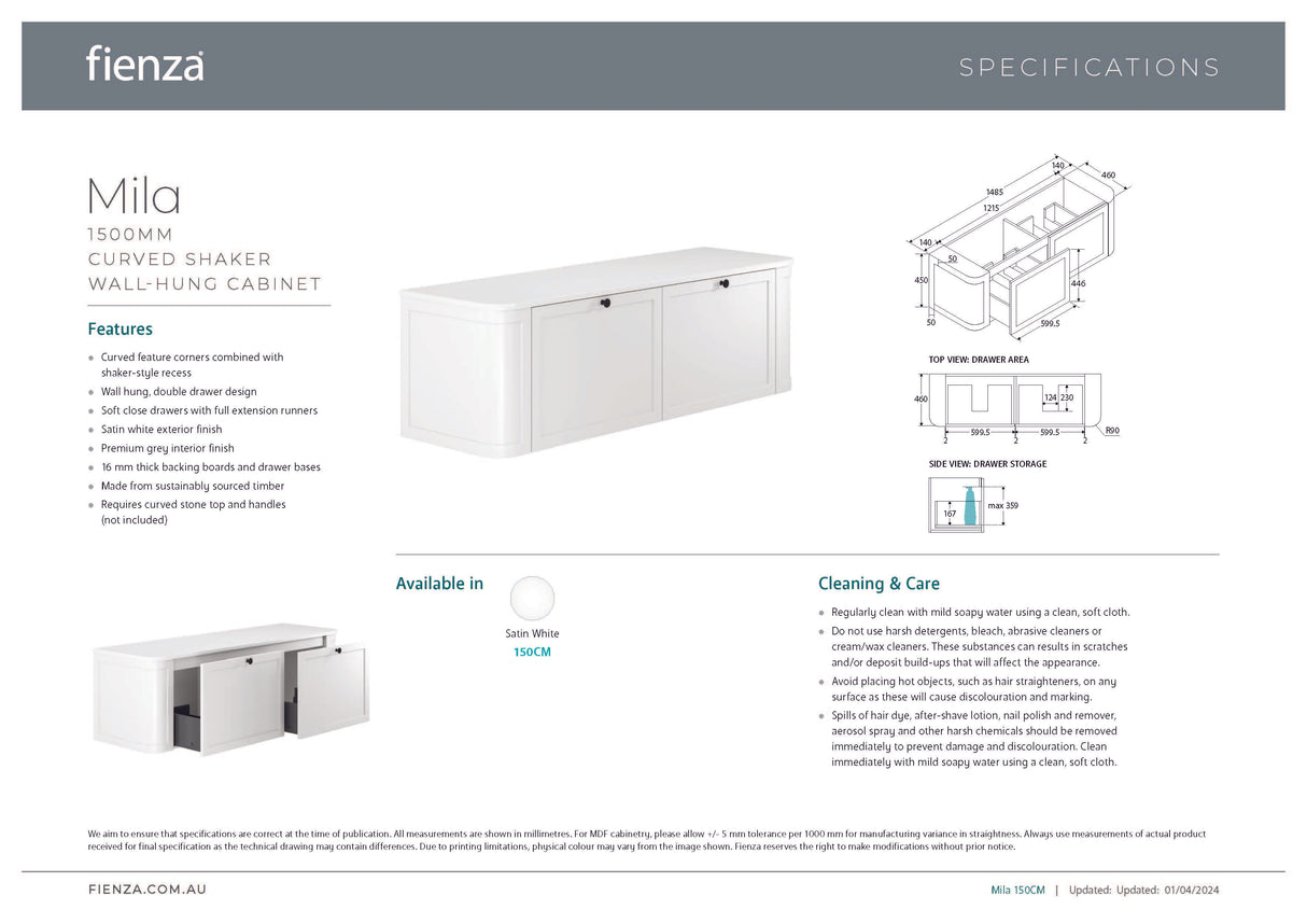 Fienza Lola LOL150CM 1500 Matte Mila Curved Satin White Wall-Hung Vanity, One Tap Hole