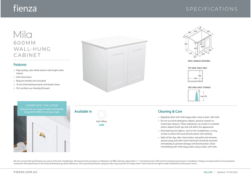 Fienza 60M Mila 600mm Wall-Hung Cabinet, Cabinet Only - Special Order