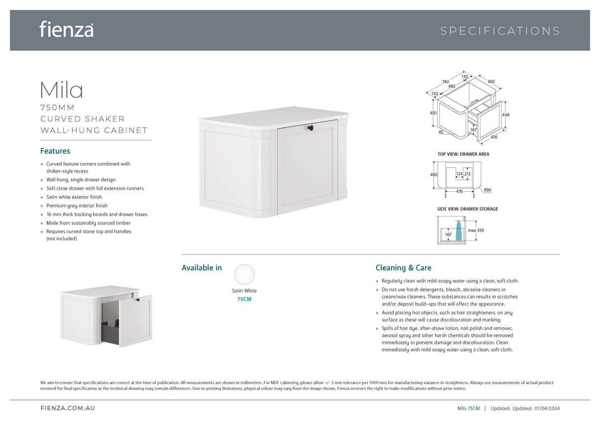 Fienza LOL75CM Lola 750 Matte Mila Curved Satin White Wall-Hung Vanity, One Tap Hole