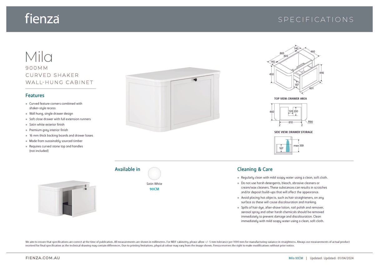 Fienza Lola LOL90CM 900 Matte Minka Curved Satin White Wall-Hung Vanity, One Tap Hole