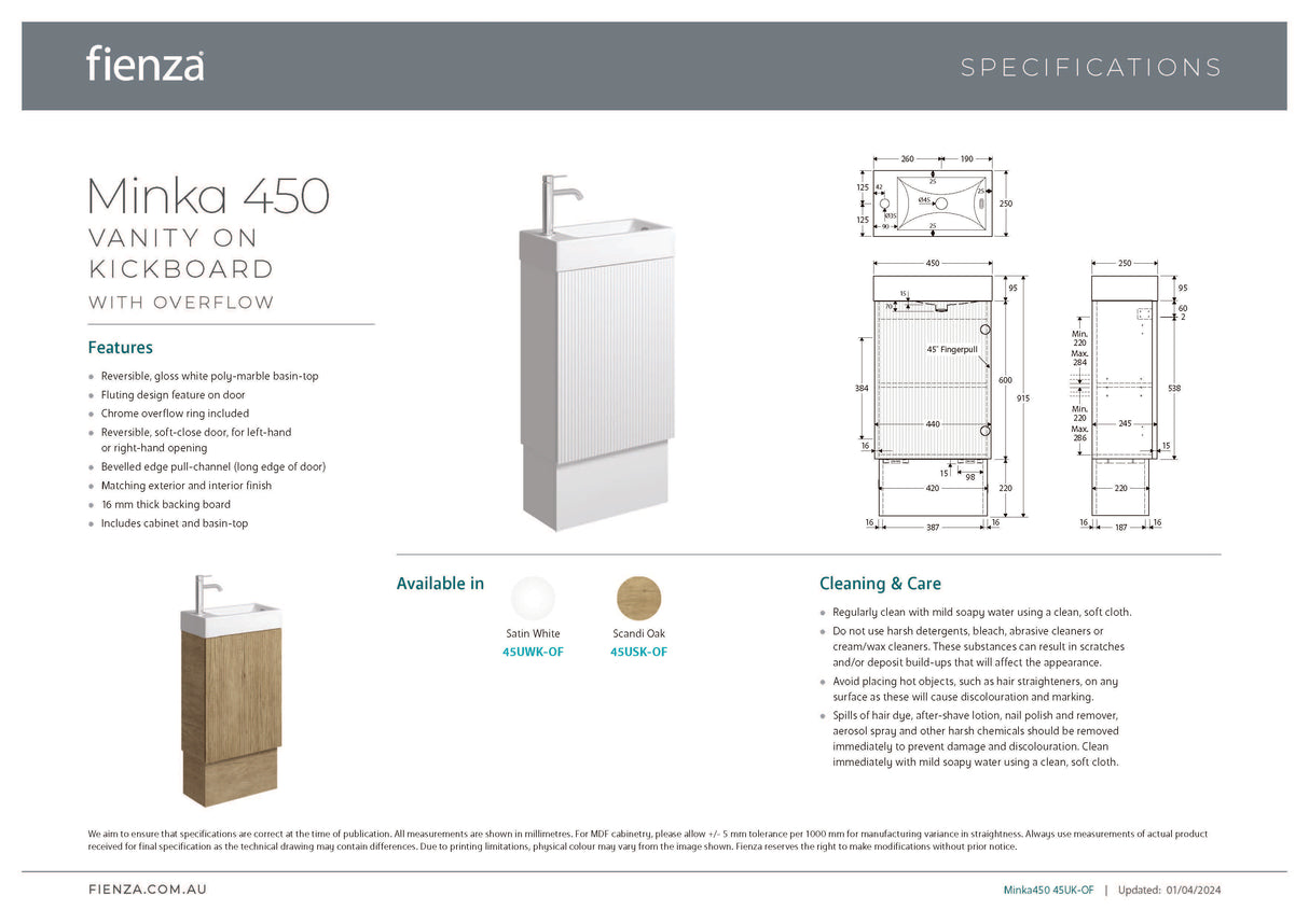 Fienza 45USK-OF Minka 450 Vanity on Kickboard, with Overflow, Scandi Oak