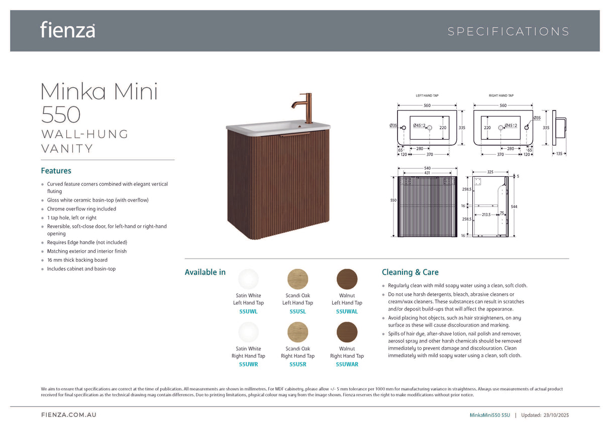 Fienza 55UWL Minka Mini 550 Wall-Hung Vanity, Left Hand Tap, Satin White