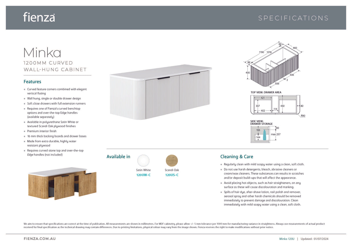 Fienza LOL120US Lola 1200 Matte Minka Curved Scandi Oak Wall-Hung Vanity, One Tap Hole