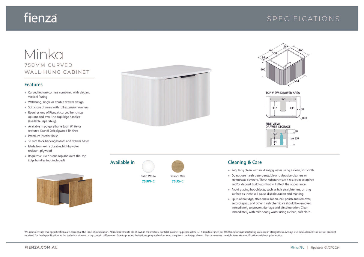 Fienza LOL75US Lola 750 Matte Minka Curved Scandi Oak Wall-Hung Vanity, One Tap Hole
