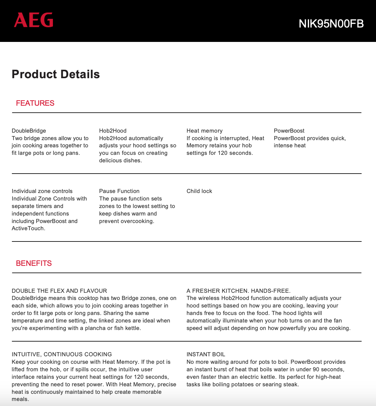 AEG NIK95N00FB 90cm 6000 Series 5 Zone Induction Cooktop With ProCook - AEG Factory Seconds