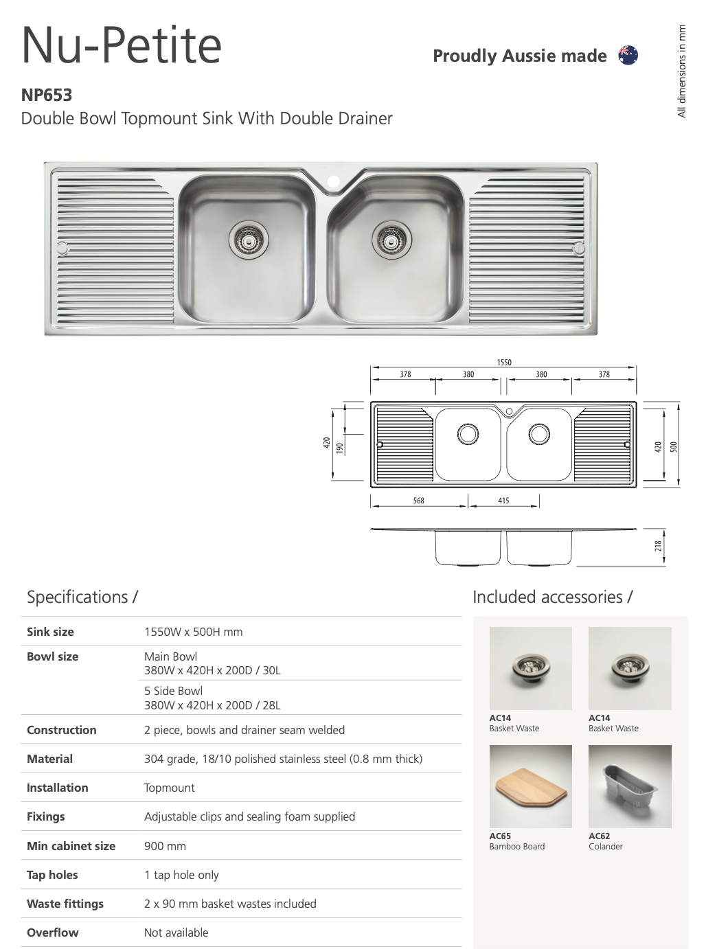 Oliveri NP653 Nu-Petite Double Bowl Double Drainer Sink
