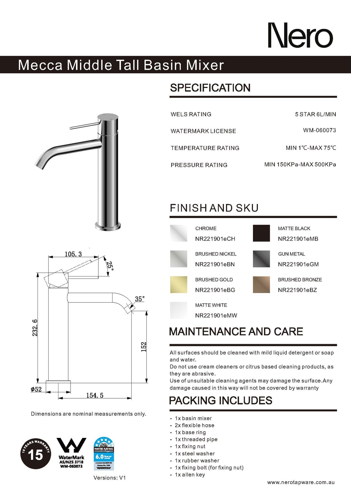 Nero Mecca Middle Tall Basin Mixer Chrome NR221901ECH