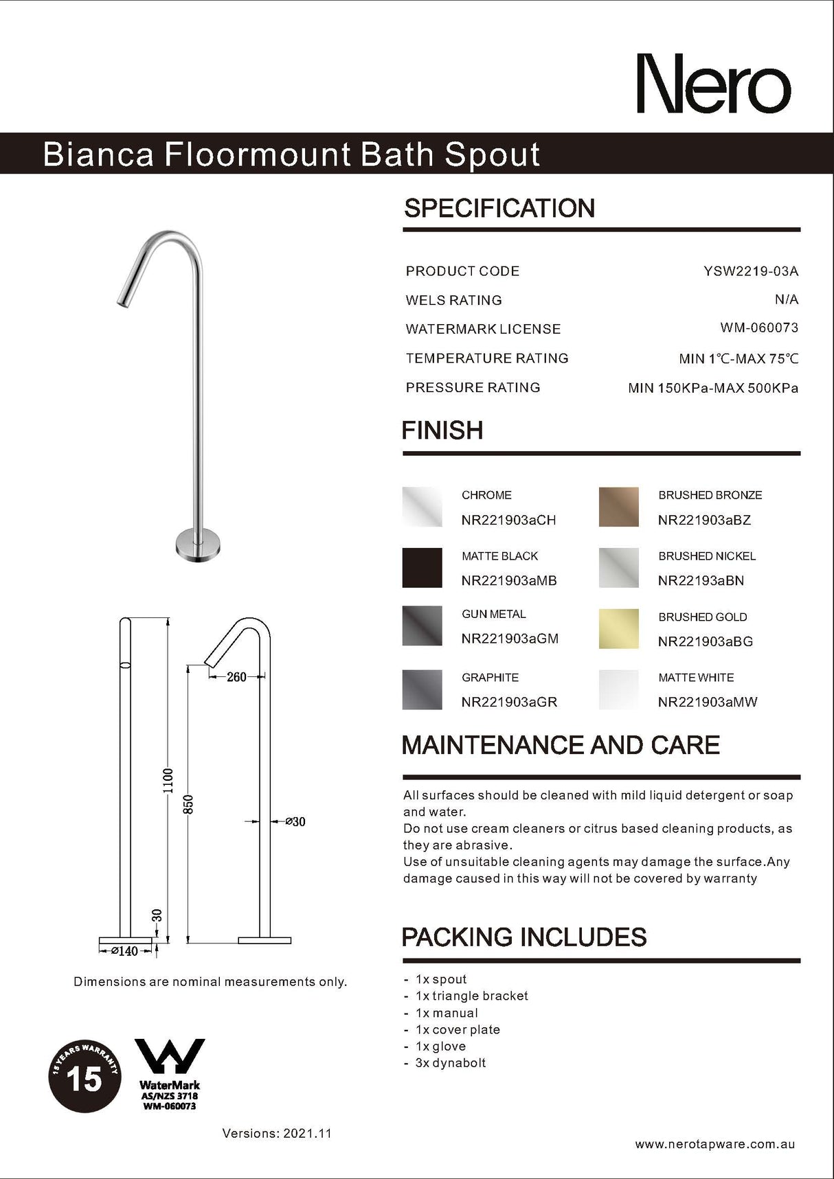 Nero Mecca Floor Standing Bath Spout Only Brushed Nickel NR221903ABN