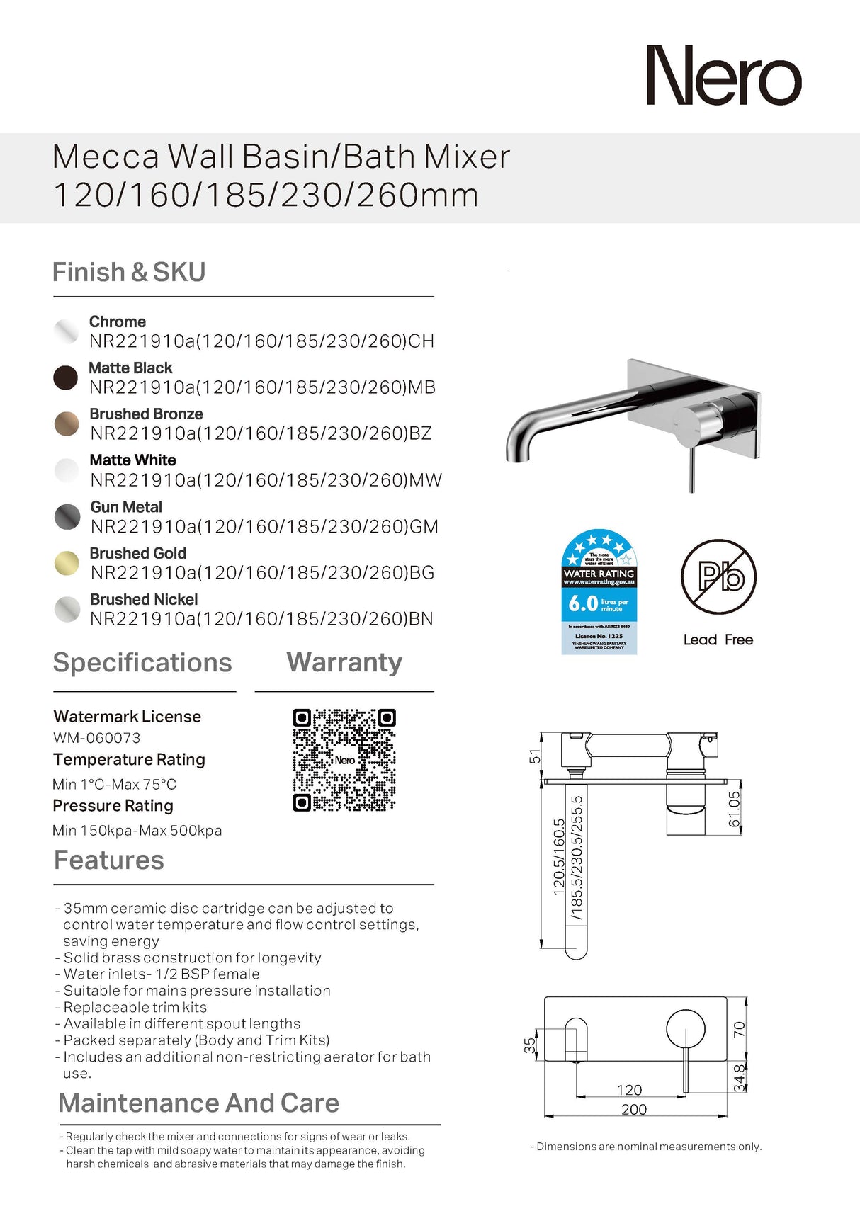 Nero Mecca Wall Basin/Bath Mixer 120mm Chrome NR221910A120CH
