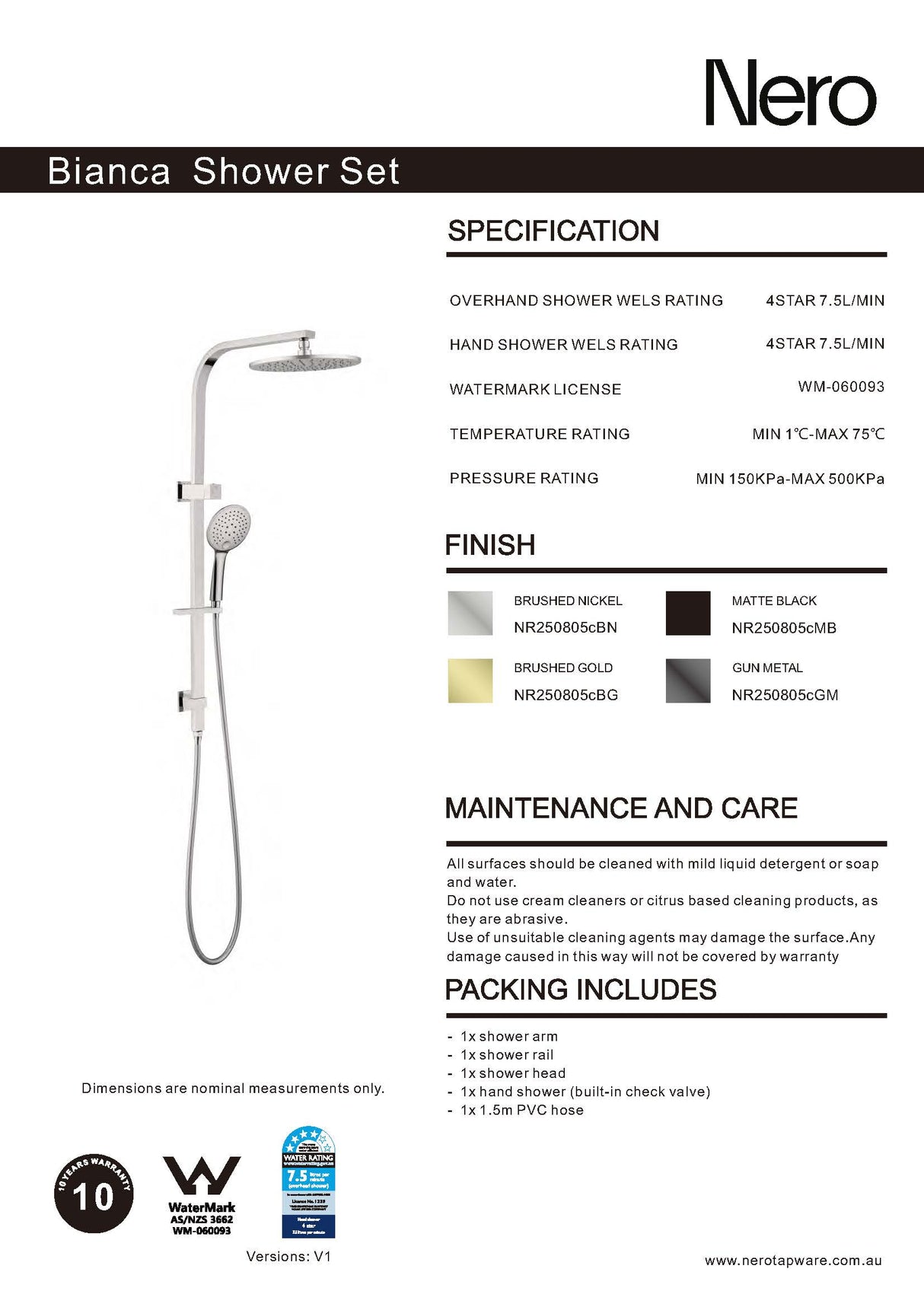 Nero Bianca Shower Set Matte Black NR250805CMB