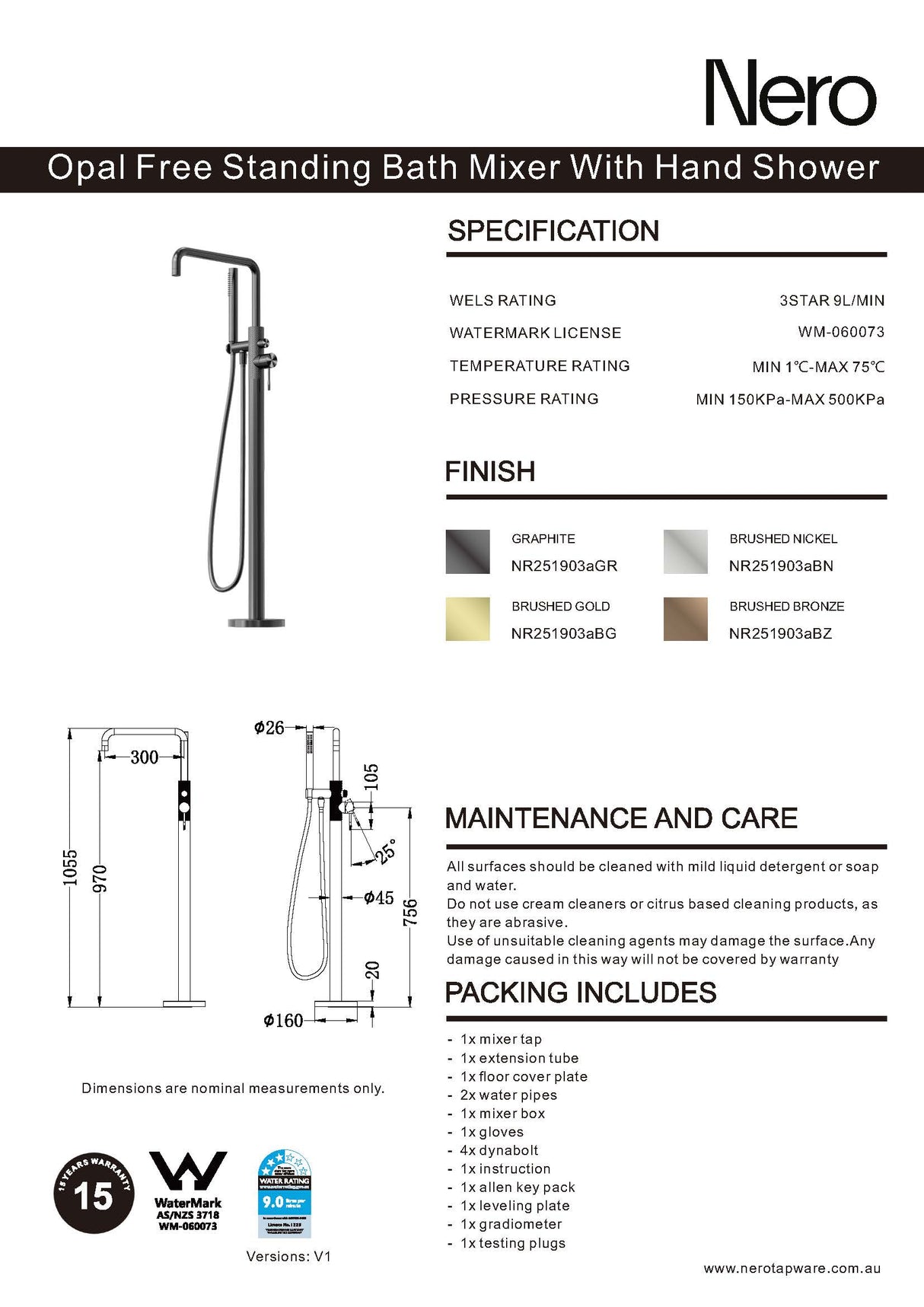 Nero Opal Freestanding Bath Mixer With Hand Shower Brushed Gold NR251903ABG