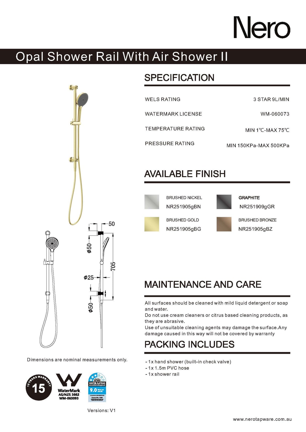 Nero Opal Shower Rail With Air Shower II Brushed Bronze NR251905GBZ