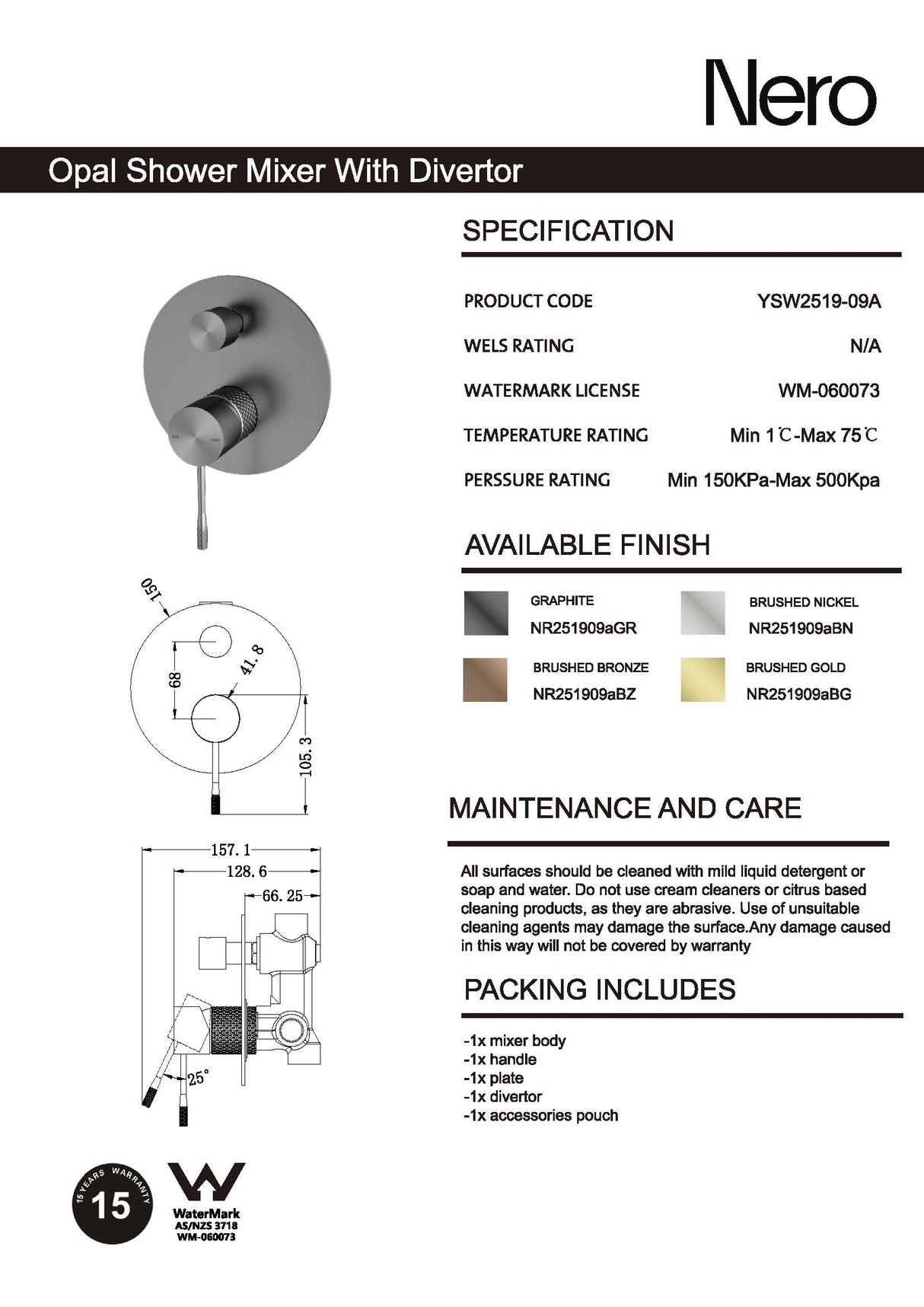 Nero Opal Shower Mixer with Diverter Graphite NR251909aGR