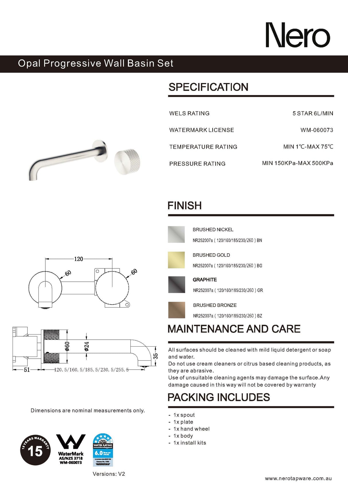 Nero Opal Progressive Wall Basin Mixer 230mm Spout Brushed Gold NR252007a230BG