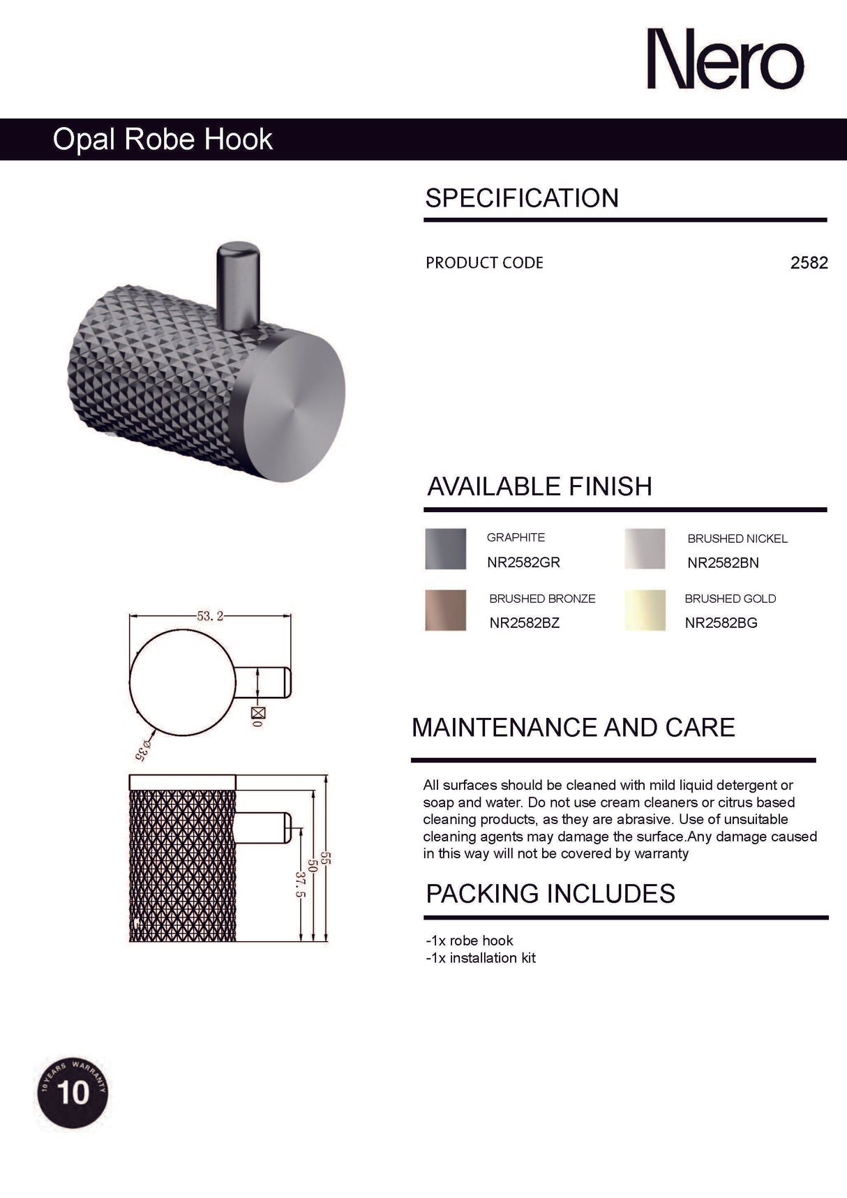 Nero Opal Robe Hook Brushed Gold NR2582BG