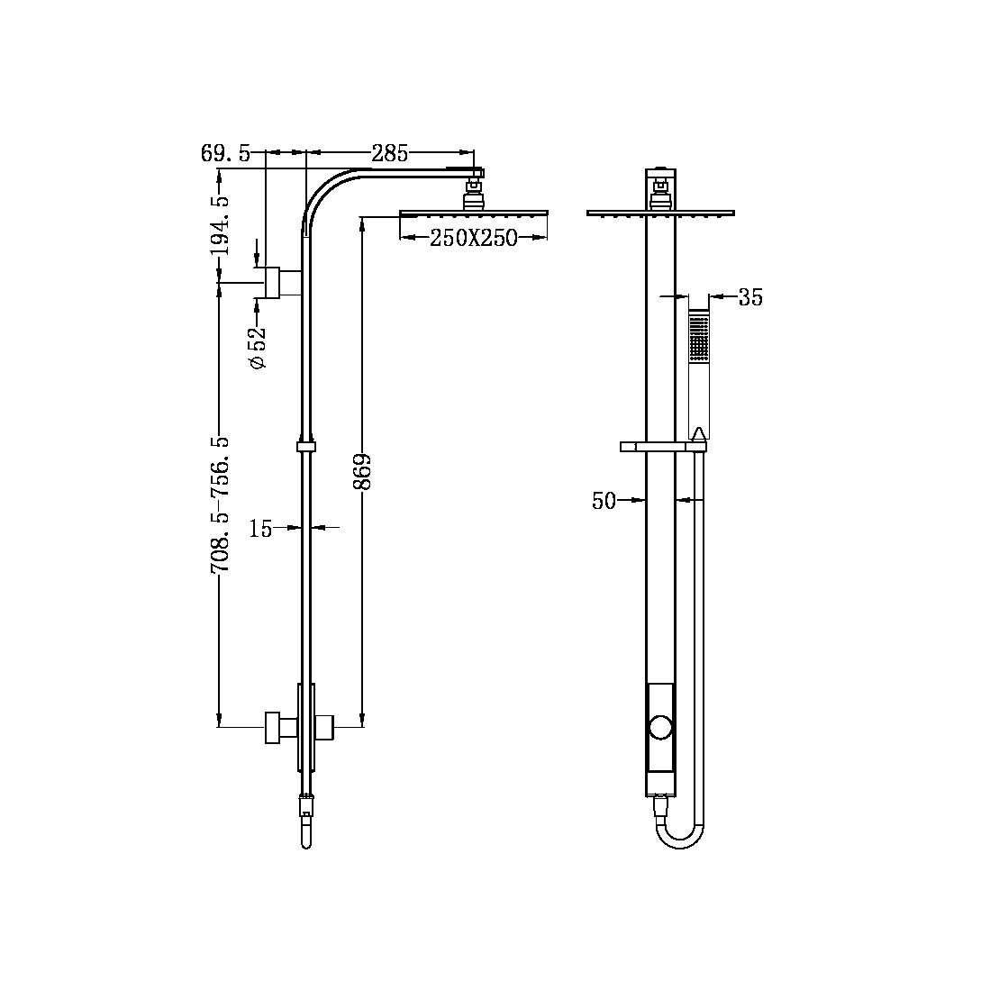 Nero NR281305cMB Rain Square Overhead Shower and Handshower on Column Single Hose - Matte Black
