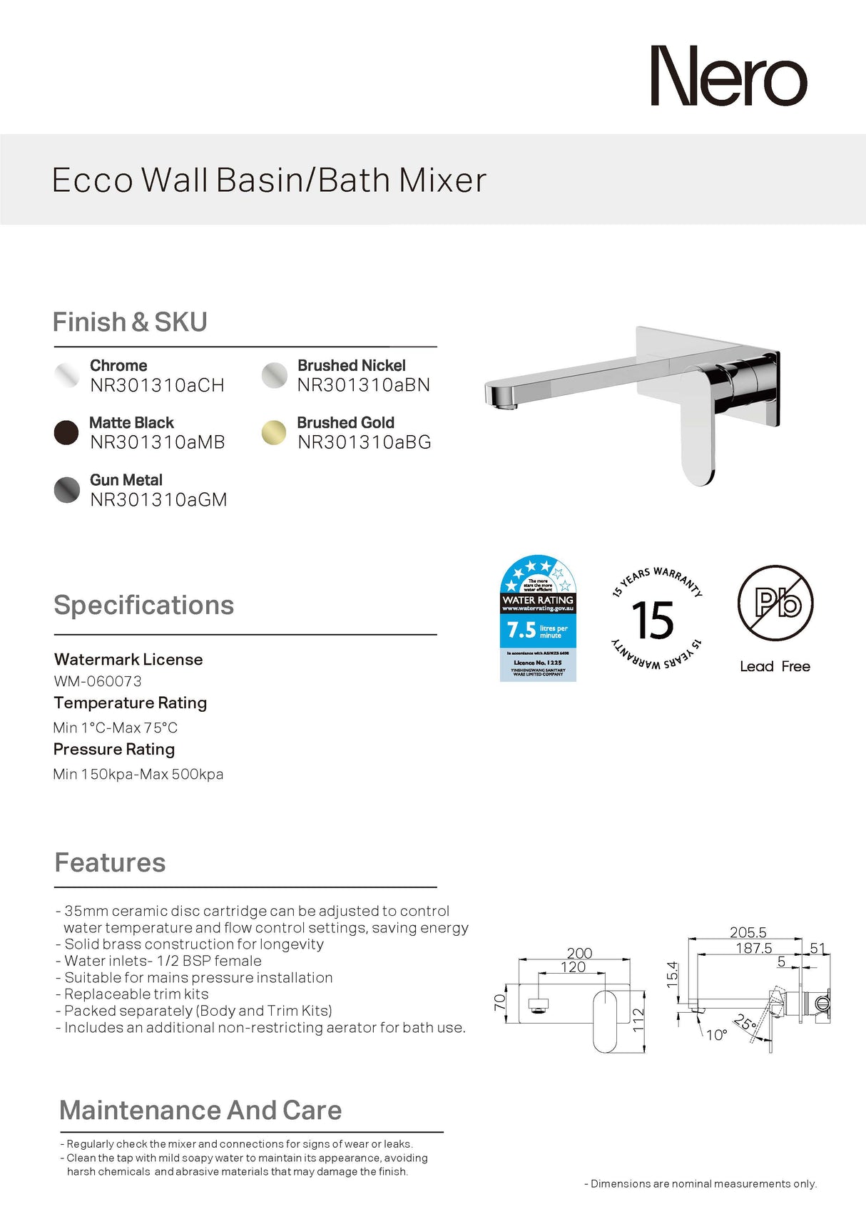 Nero Ecco Wall Basin/Bath Mixer Chrome NR301310ACH