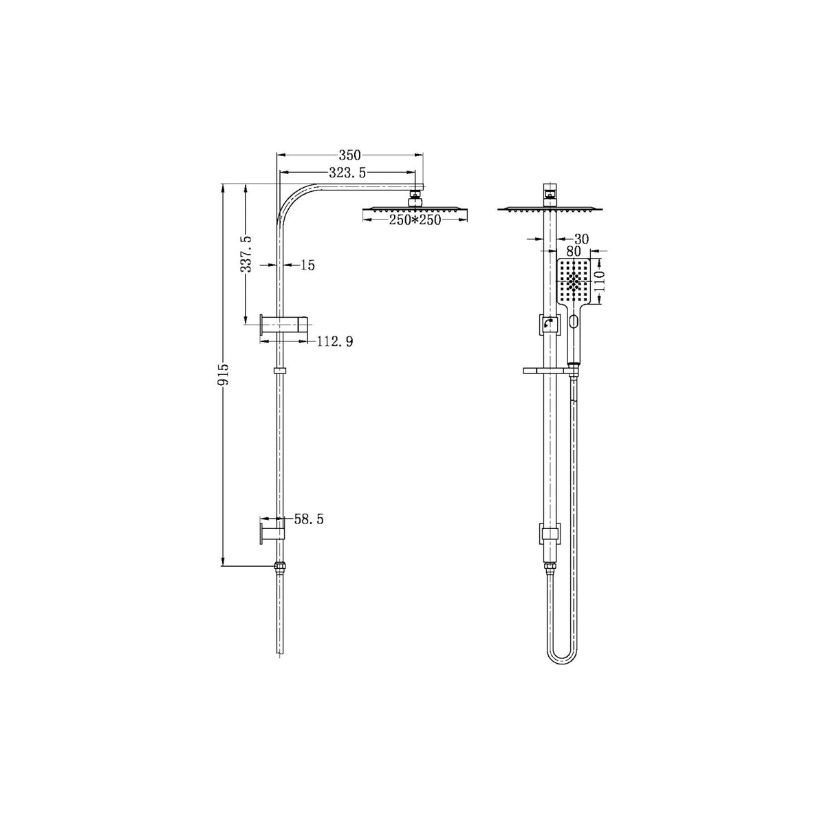 Nero NR301505cGM Celia Square 250mm Combination Shower - Gunmetal Grey
