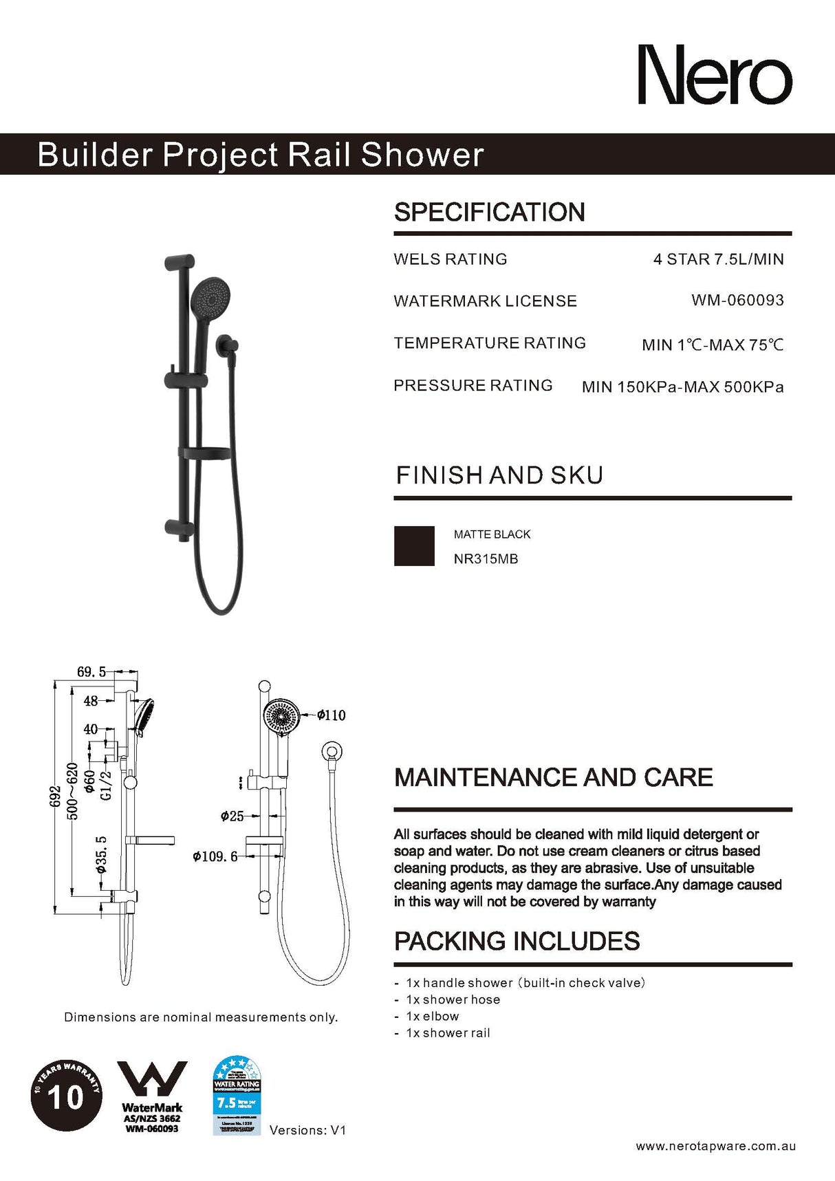 Nero Builder Project Rail Shower Matte Black NR315MB