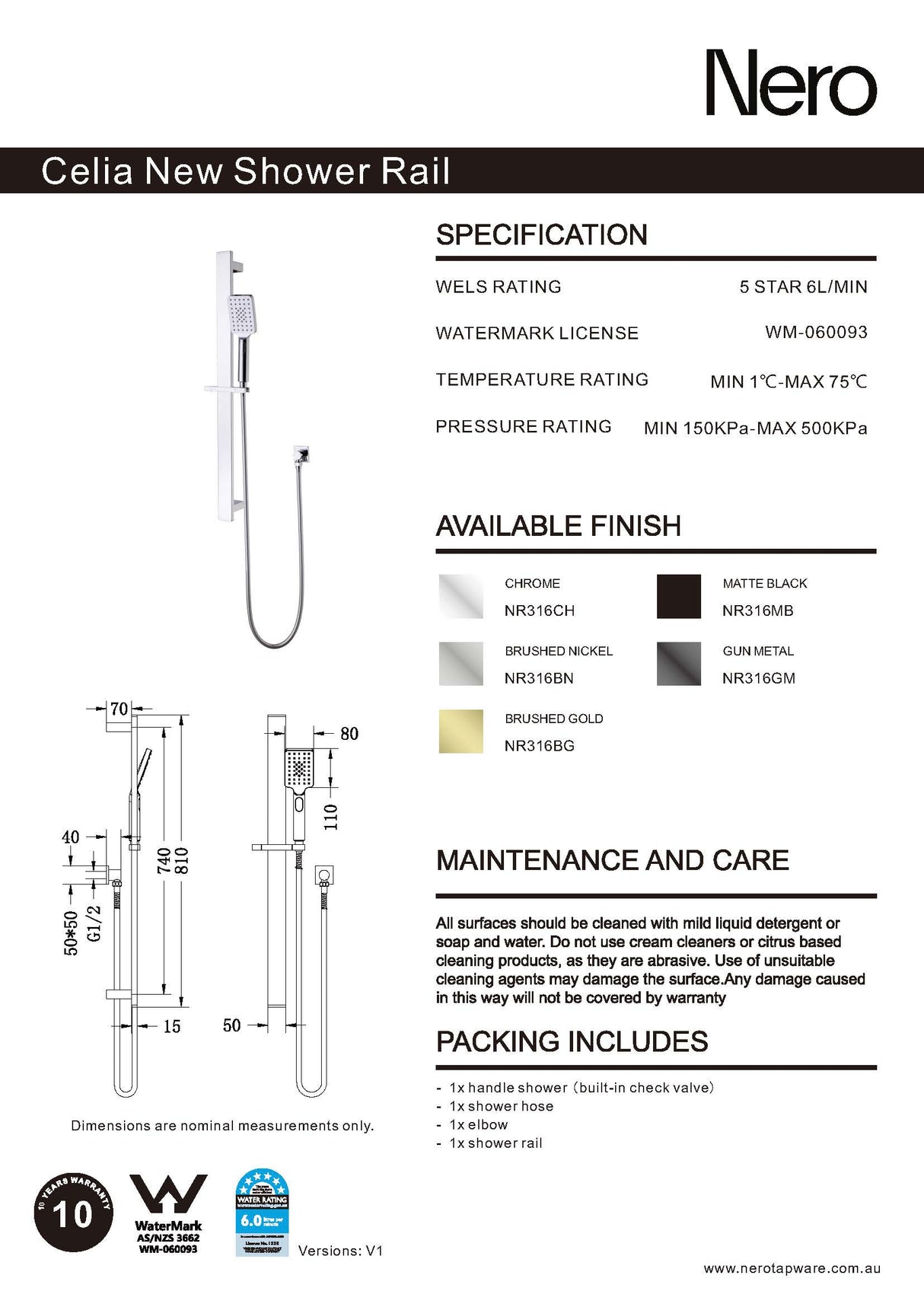 Nero Celia New Shower Rail Matte Black NR316MB