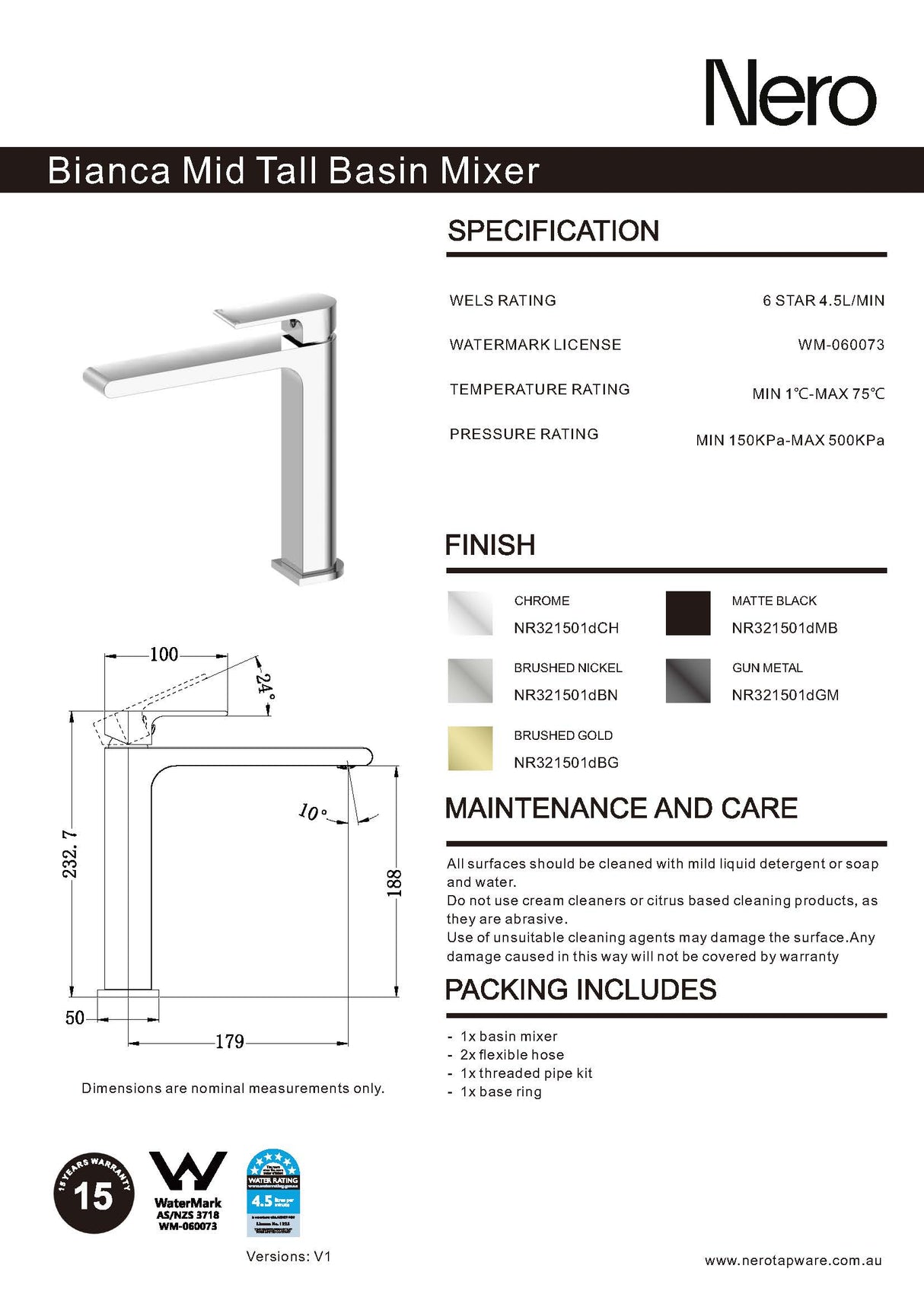 Nero Bianca Mid Tall Basin Mixer Matte Black NR321501DMB