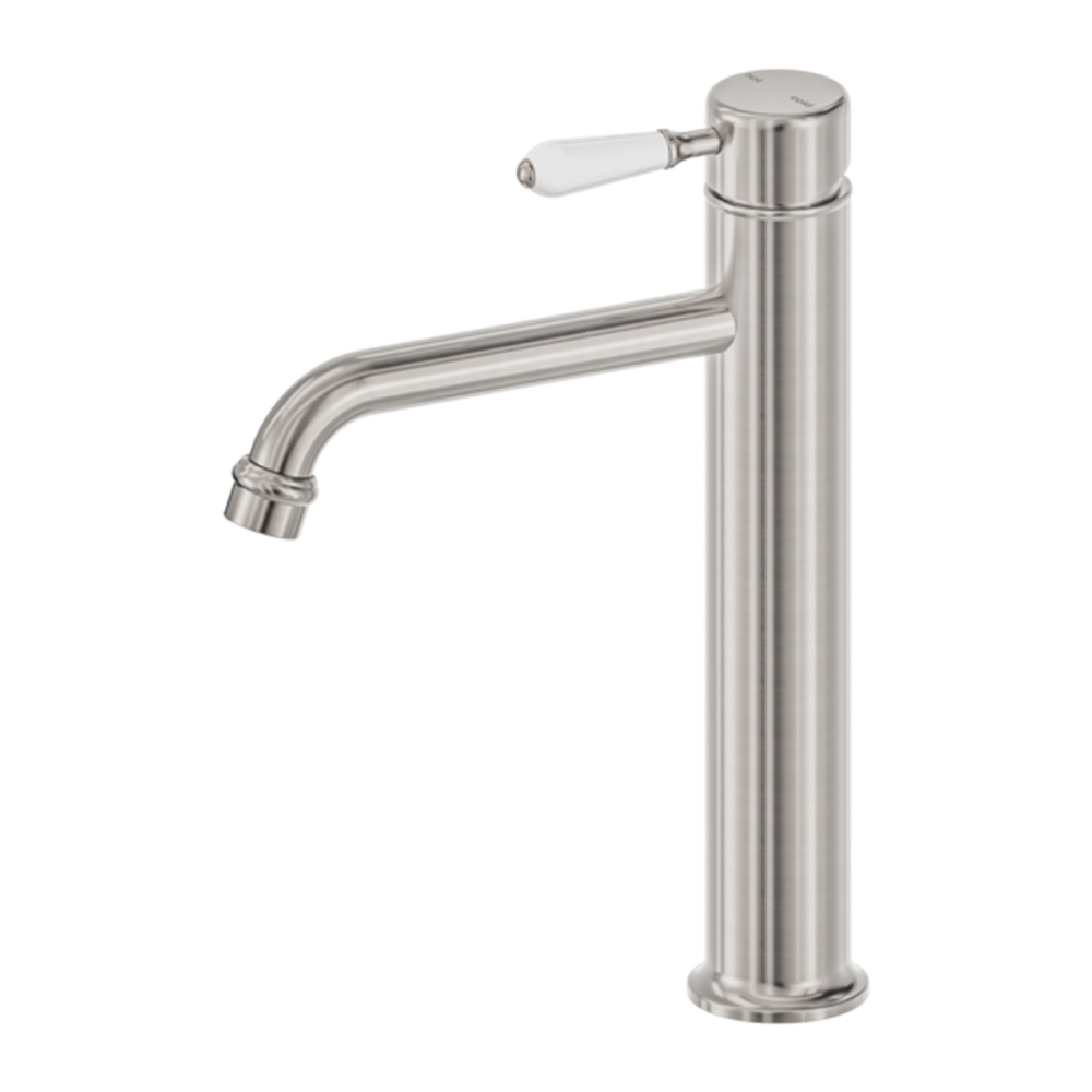 Nero York Straight Tall Basin Mixer, White Porcelain Lever Brushed Nickel NR692101A01BN