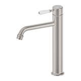 Nero York Straight Tall Basin Mixer, White Porcelain Lever Brushed Nickel NR692101A01BN