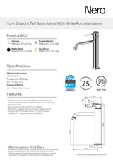 Nero York Straight Tall Basin Mixer, White Porcelain Lever Brushed Nickel NR692101A01BN